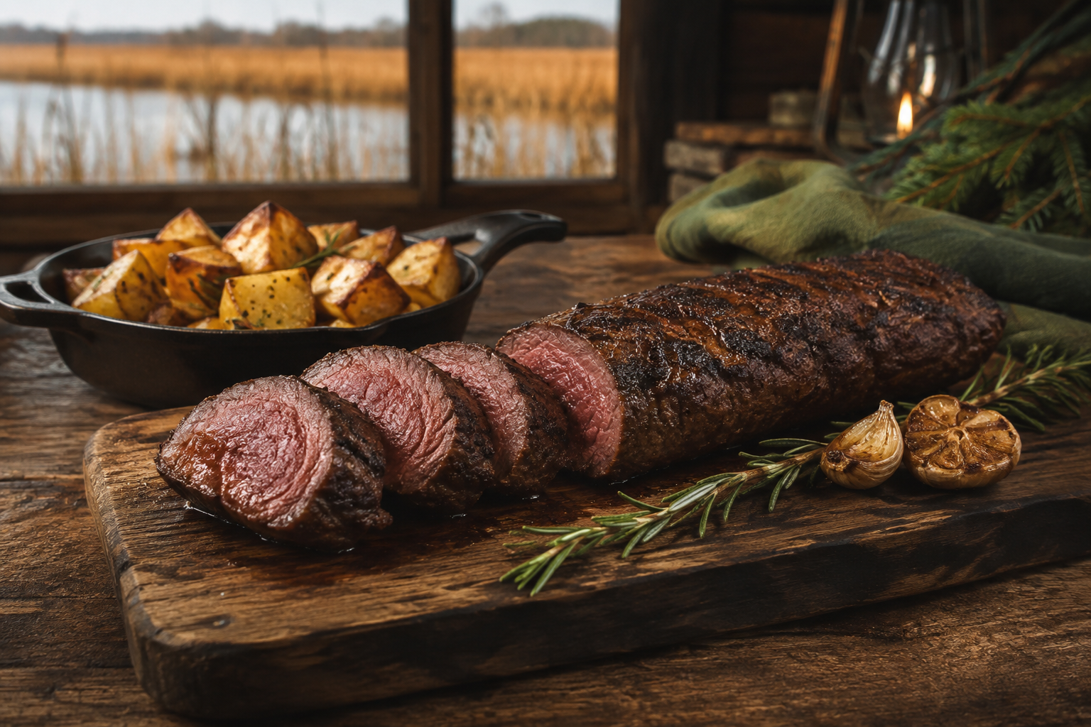 Grilled sika deer backstrap sliced into medallions with roasted potatoes, garlic and rosemary
